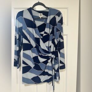Anne Klein Navy and Light Blue Geometric Wrap Blouse